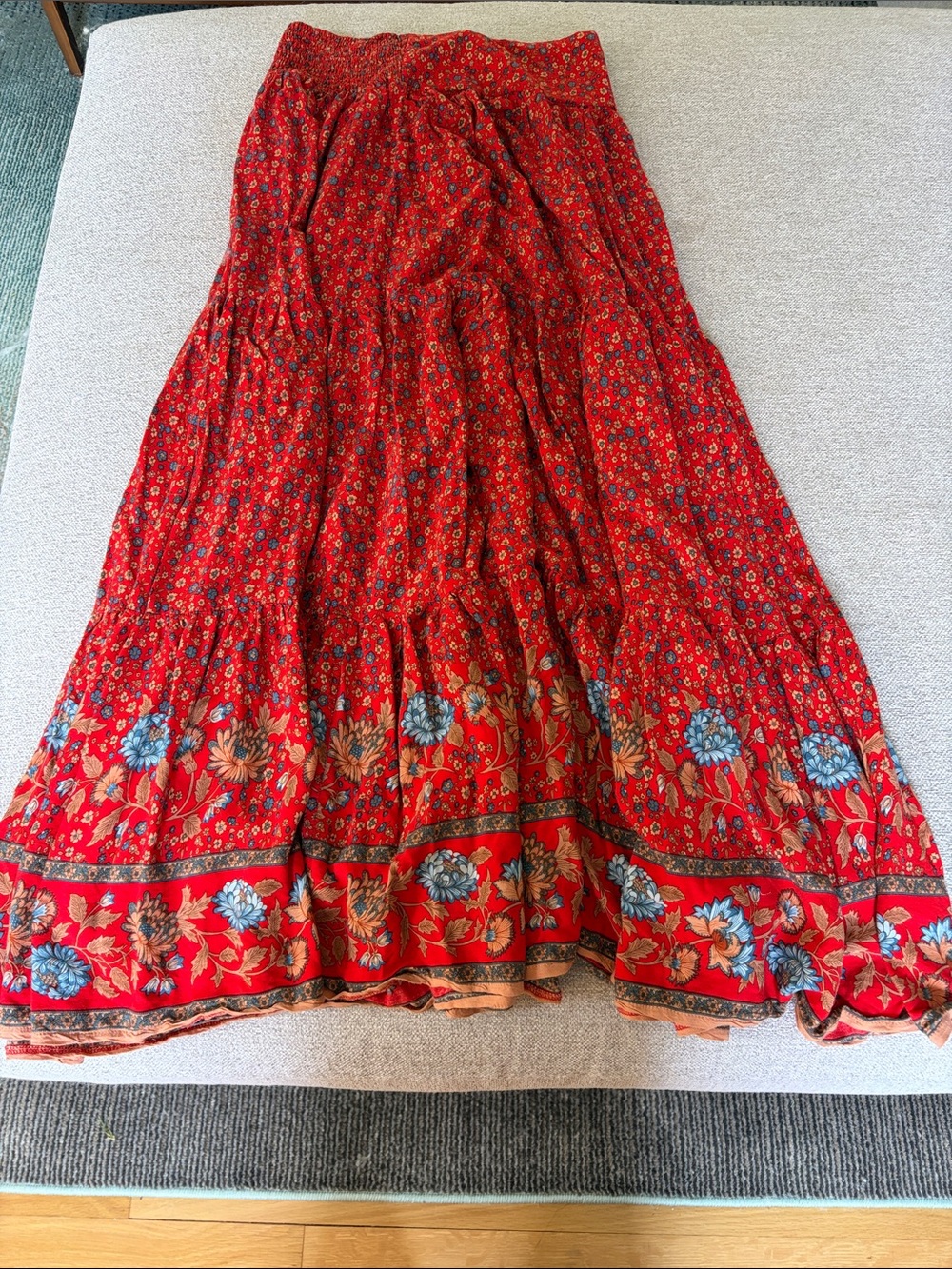 NATURAL LIFE Red Floral Maxi Skirt with Blue & Tan Border